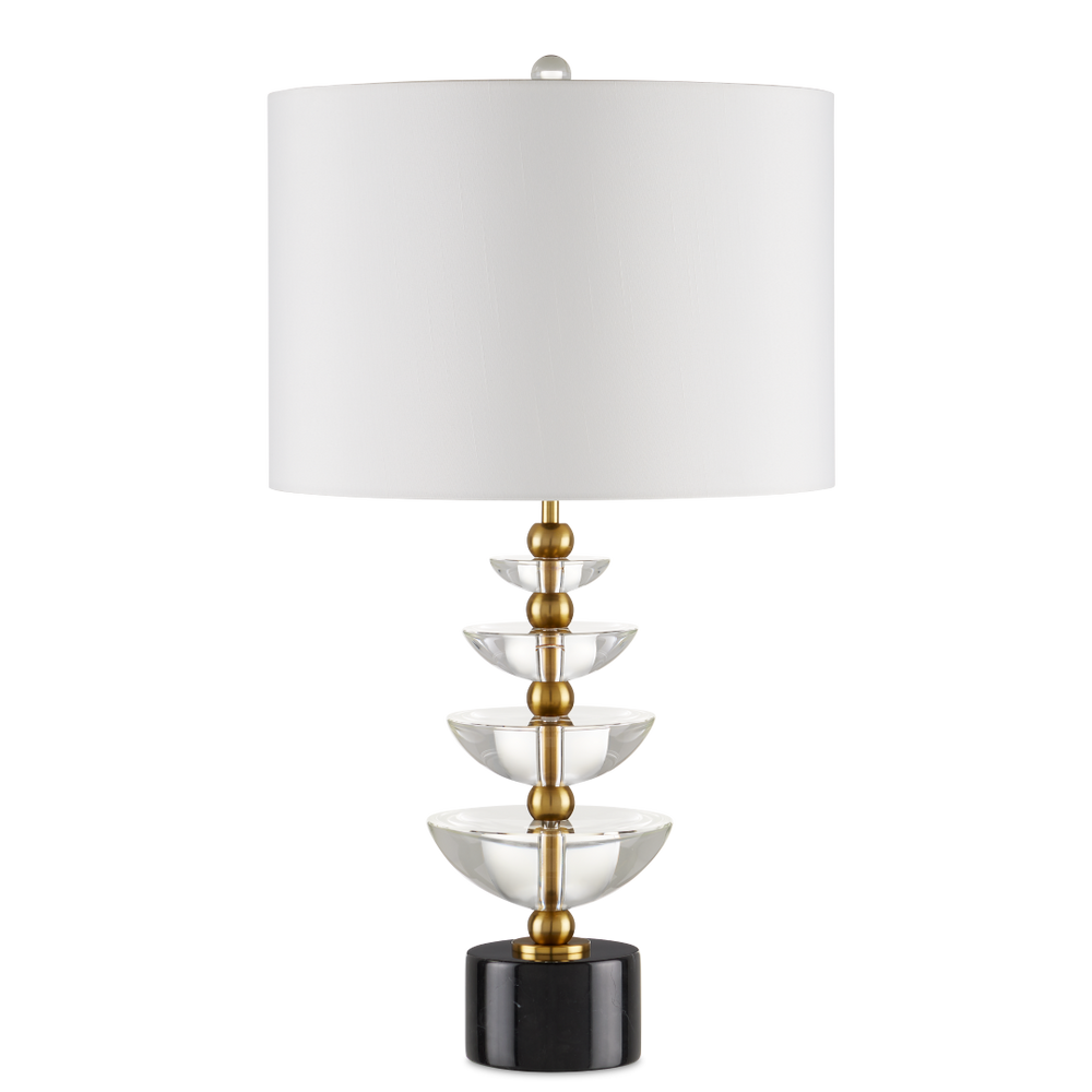 Waterfall Table Lamp - Modern Brass & Crystal Design with Black Marble Base, Off-White Shade, 27.5”