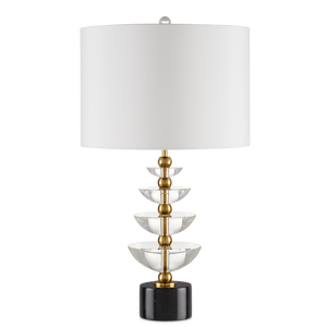 Waterfall Table Lamp - Modern Brass & Crystal Design with Black Marble Base, Off-White Shade, 27.5”