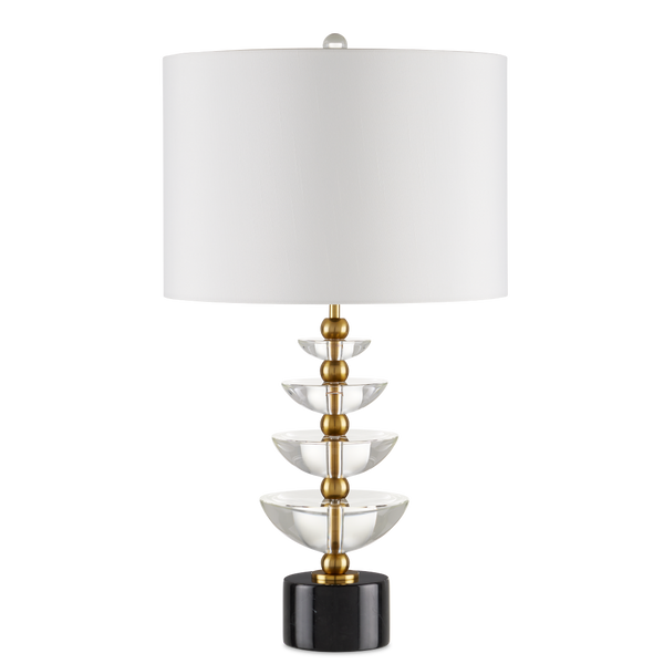 Waterfall Table Lamp - Modern Brass & Crystal Design with Black Marble Base, Off-White Shade, 27.5”