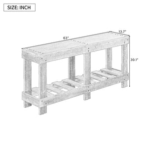 English Elm U_Style 62.9" Vintage Entryway Table - Solid Fir Wood With Rustic Design, 6 Legs & Ample Storage Space N711P289135B-GIGA