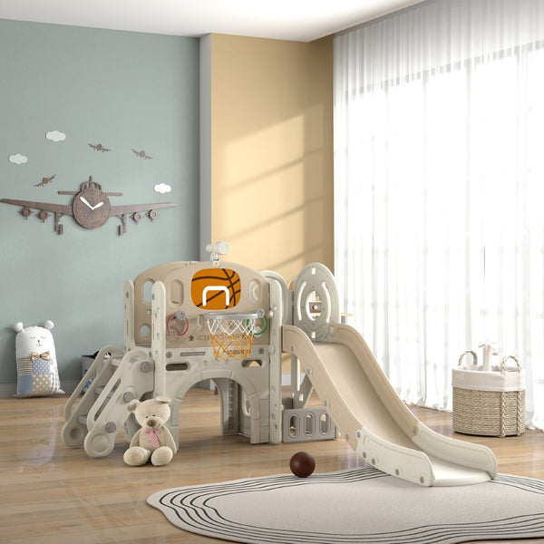 English Elm Qaba Toddler Indoor Playset with Slide Climber Crawl Tunnel and Basketball Hoop W2225P229340