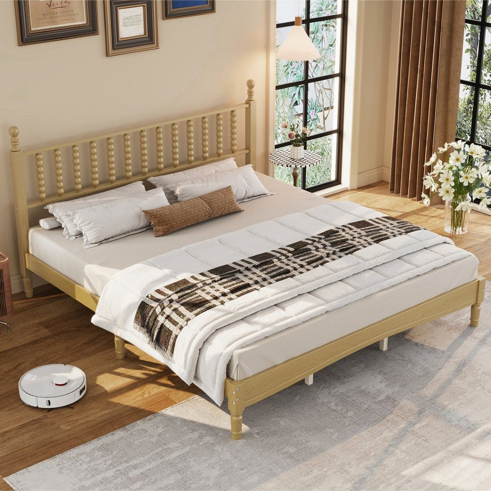 English Elm King Rubberwood Platform Bed Sculptural Gourd Headboard Retro Natural Finish Bedroom N733P338316M