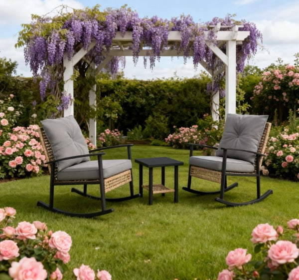 English Elm Patio Pe Rattan Rocking Chair Set with Tufted Cushions and Matching Coffee Table T3971P419111