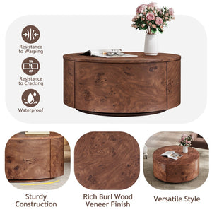 English Elm Burl Veneer Round Coffee Table Swivel Top Two Drawers Walnut Living Room N735P387206D