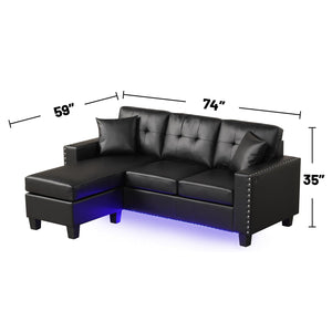 English Elm PVC Reversible Sectional Sofa Chaise with LED Lights, Tufted Cushions, Nailhead Trim & Pillows - Black B016P406048