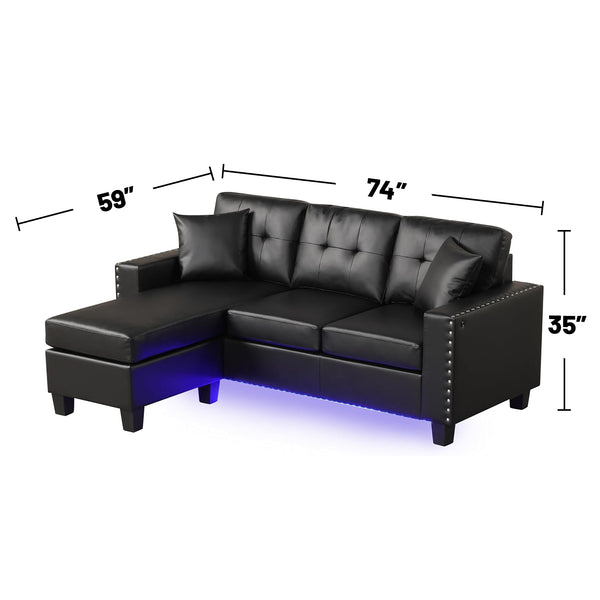 English Elm PVC Reversible Sectional Sofa Chaise with LED Lights, Tufted Cushions, Nailhead Trim & Pillows - Black B016P406048