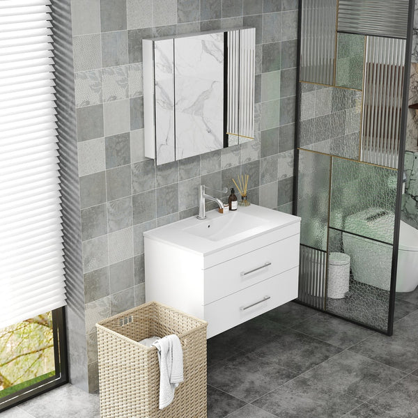 English Elm 32-Inch Wall-Mounted Bathroom Vanity With Soft-Close Drawers & Ceramic Sink For Modern Spaces W3151S00017