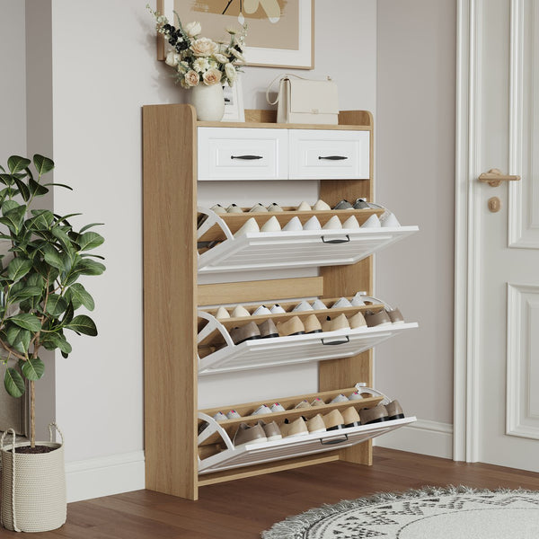 English Elm 1250 White & Oak Shoe Cabinet - Stylish 3-Door Storage With 2 Drawers For Organized Entryways & Bedrooms W1320P236452