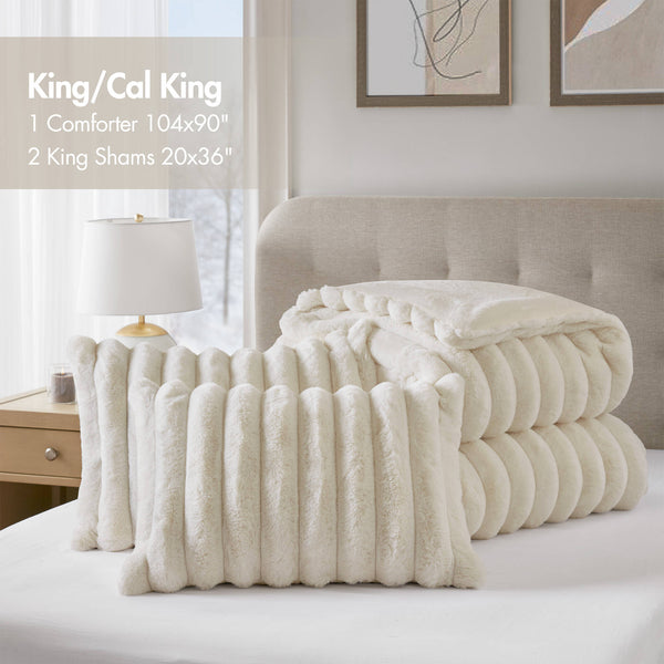 English Elm 3-Piece King Ultrasoft Faux Fur Comforter Set - Luxurious Velvet Reverse, Ivory & Cozy Design B035P408270