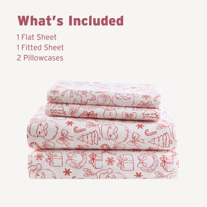 JLA Home Intelligent Design - 100% Cotton Flannel Sheet Set – Ultra-Soft 135gsm Pigment Print for Warmth, Breathable Comfort & Lasting Color Holiday Doodles ID20-2508