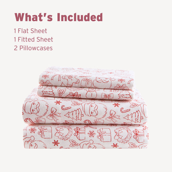 JLA Home Intelligent Design - 100% Cotton Flannel Sheet Set – Ultra-Soft 135gsm Pigment Print for Warmth, Breathable Comfort & Lasting Color Holiday Doodles ID20-2508