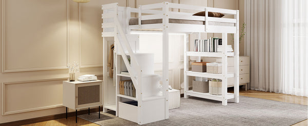 English Elm Twin L-Shaped Platform Bed with Three Spacious Drawers, Solid Pine & MDF, Clean-Lined Design White N7090000471K