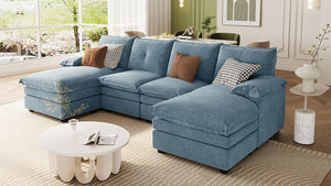 English Elm U_STYLE U-Shaped Chenille Sectional Sofa with Adjustable Armrests, 6-Seater, Removable Covers, Durable Construction Blue WY000430AAC