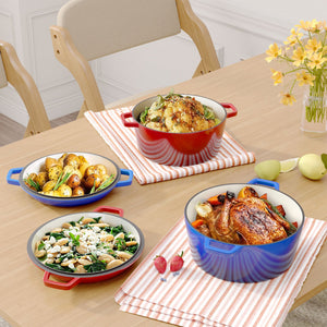 English Elm Enamel Cast Iron Dutch Oven 6QT with 2QT Lid — Versatile 2-in-1 Stew Pot and Frying Pan Set for Home Cooking Red T3950P391585