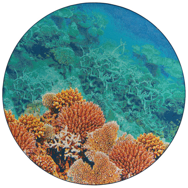 Unique Loom Outdoor Coastal Ariel Machine Made Border Rug Multi, Ivory/Navy Blue/Red/Turquoise/Orange/Brown/Blue 7' 10" x 7' 10"