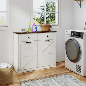 English Elm Farmhouse Barn Door Tilt-Out Trash Cabinet with Waterproof Woodgrain Top, 2 Drawers, 2x10gal Storage W2557P237960