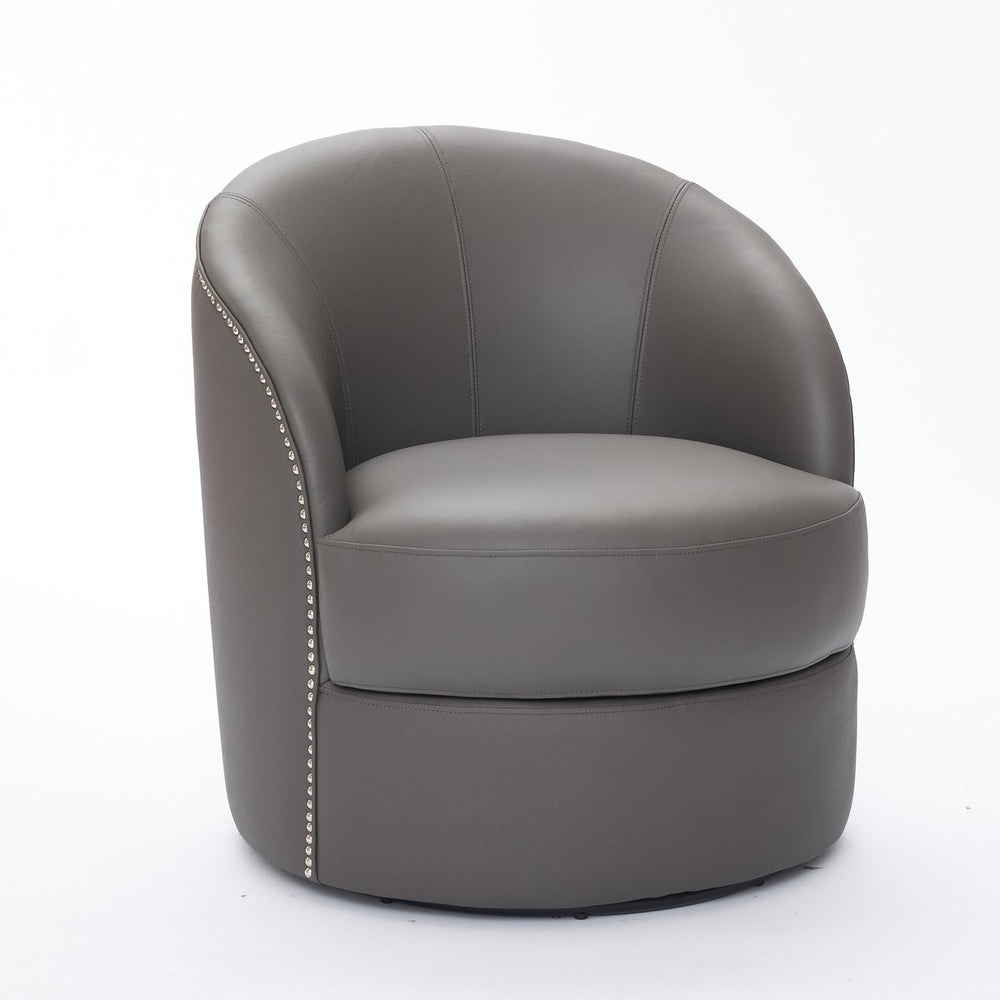 English Elm Gray Top-Grain Leather Swivel Accent Chair with 360° Smooth Spin, Riveted Mid-Century Lounge for Living Room/Office - Durable 150kg Capacity W570P386953