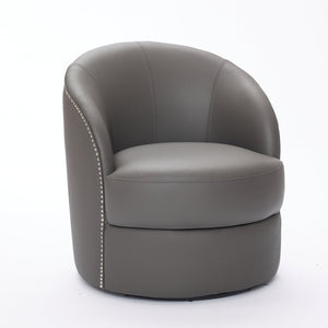English Elm Gray Top-Grain Leather Swivel Accent Chair with 360° Smooth Spin, Riveted Mid-Century Lounge for Living Room/Office - Durable 150kg Capacity W570P386953