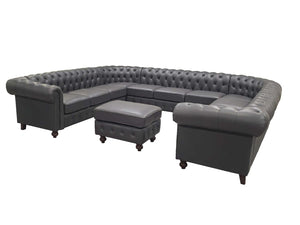 English Elm Chesterfield Button Tufted U-shape Sectional Leather Match Seating for Spacious Rooms Blue Gray B2748S00150