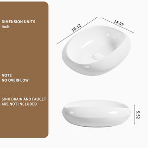 English Elm Oval Ceramic Vessel Sink Glossy White Basin for Small Vanity Countertop Bathrooms W3402P351197