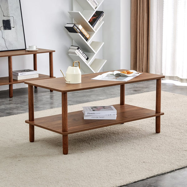 English Elm Modern 2-Tier Coffee Table with Open Shelf, Solid Wood + MDF, Rounded Legs, Durable Farmhouse Style Walnut W3226P279108