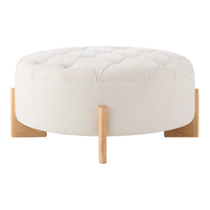 English Elm 32" Round Chenille Ottoman Tufted Footrest with Rubberwood Legs for Living Room Beige N723P405298A