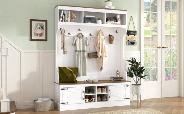 English Elm Vibe Haus Farmhouse Hall Tree with Bench Shoe Storage Hooks and Open Cubbies N724P380402K