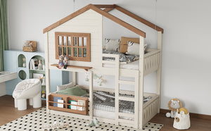 English Elm Full Bunk Bed with Trundle Bookshelf Storage Pine Frame Car Design for Kids W1580S00324