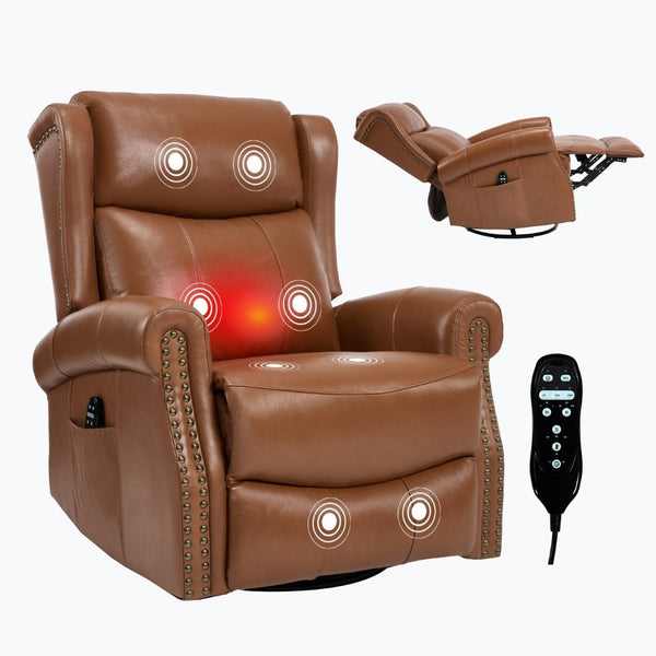 English Elm Heat Massage Swivel Rocker Recliner in Genuine Leather for Living Room Comfort W3224S00015