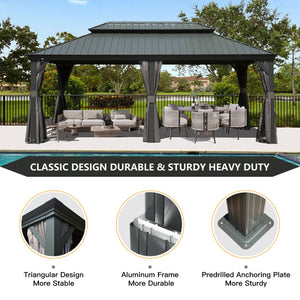 English Elm 12' X 20' Hardtop Gazebo - Durable Outdoor Metal Canopy With Curtains, Netting & Aluminum Frame, Grey W1859S00157