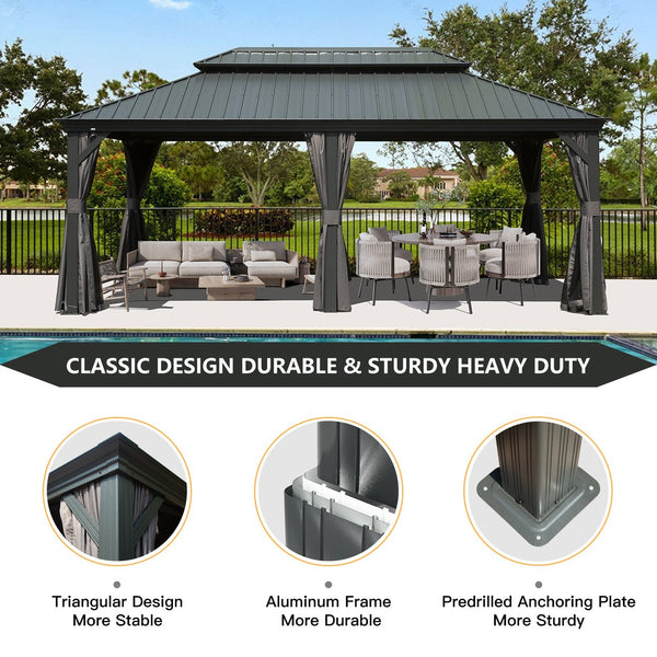 English Elm 12' X 20' Hardtop Gazebo - Durable Outdoor Metal Canopy With Curtains, Netting & Aluminum Frame, Grey W1859S00157