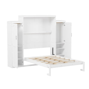 English Elm Queen Murphy Bed with 2 Wardrobes & Foldable Platform, Space-Saving White Queen Bedframe 650lbs N733S339767K