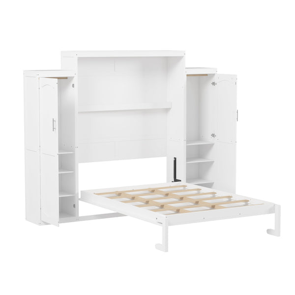 English Elm Queen Murphy Bed with 2 Wardrobes & Foldable Platform, Space-Saving White Queen Bedframe 650lbs N733S339767K
