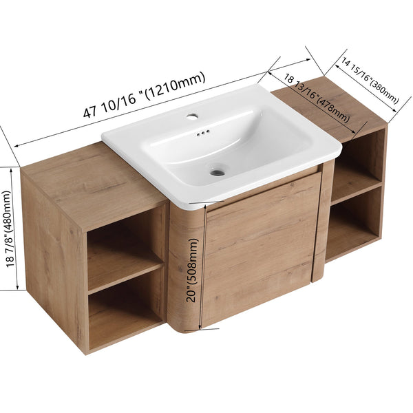 English Elm 48'' Wall-Mounted Bathroom Vanity With Soft-Close Door, White Sink, Storage Shelves & Plywood Design W999S00430