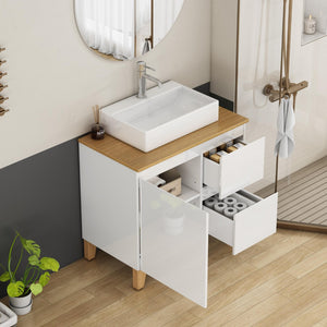 English Elm 31.5-inch Bathroom Vanity Solid Wood Top Ceramic Basin Soft Close Glossy White W3151S00070