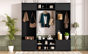 English Elm VIBE Modern Hall Tree with Shoe Cabinets, 3-Seat Bench, 7 Hooks & Adjustable Shelves, 79" wide Black SJ000147AAB