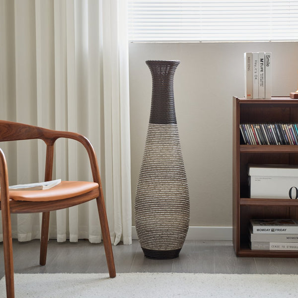 English Elm 39-Inch Tall Standing Designer Floor Vase with Brushed Gold Accents, Durable PVC Rattan Texture, Elegant Home Accent Black+ Gray W2796P193948