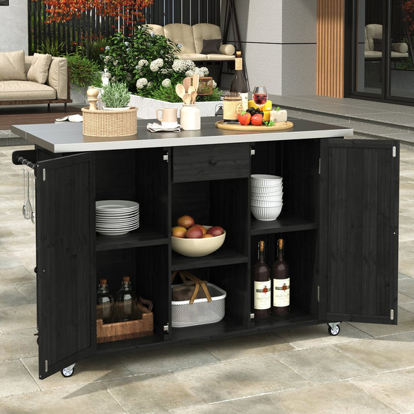 English Elm Outdoor Kitchen Island Solid Fir Wood with Foldable Stainless Top, Ample Storage, Wheels, Opener Black N719P246553B