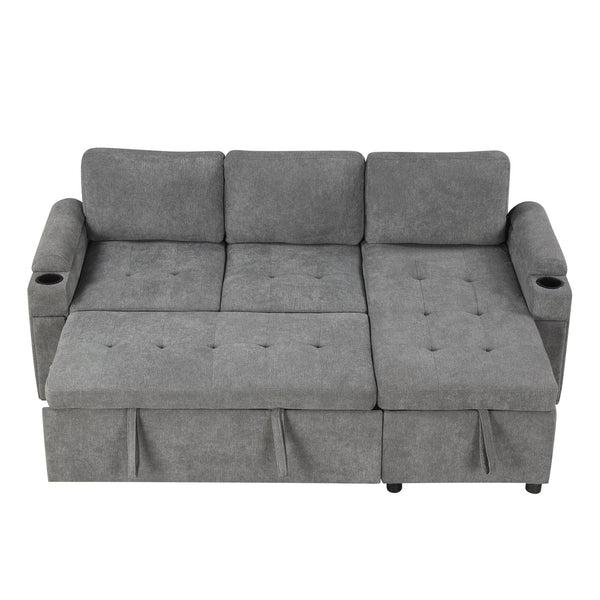 English Elm 83.5" L-shaped Sofa Couch Convertible Sectional with Reversible Chaise, Hidden Storage, USB Ports Gray N719S001790E