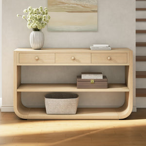 English Elm [video] Sculptural Console Table Pine Wood Curved Legs Soft-close Drawers Open Shelving Entryway Natural N759P433560N