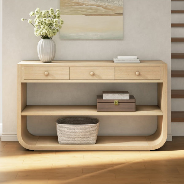 English Elm [video] Sculptural Console Table Pine Wood Curved Legs Soft-close Drawers Open Shelving Entryway Natural N759P433560N