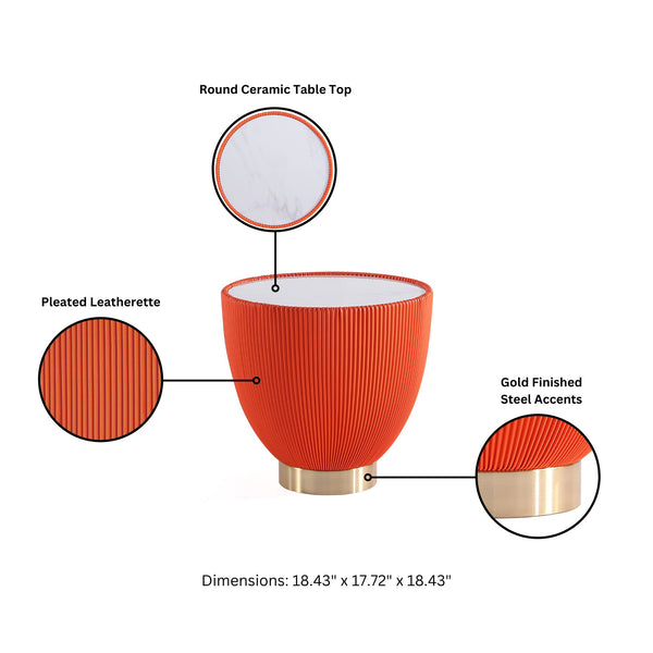 English Elm Anderson Sintered Stone Top Upholstered End Table with Pleated Leatherette & Gold Round Base, Modern Design Orange B365P398477
