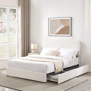 English Elm Liv Patented 2-Drawers Storage Bed Queen Ivory Boucle Upholstered Platform with Dust-Proof Drawers and Soft-Close Gliding System B083P156198