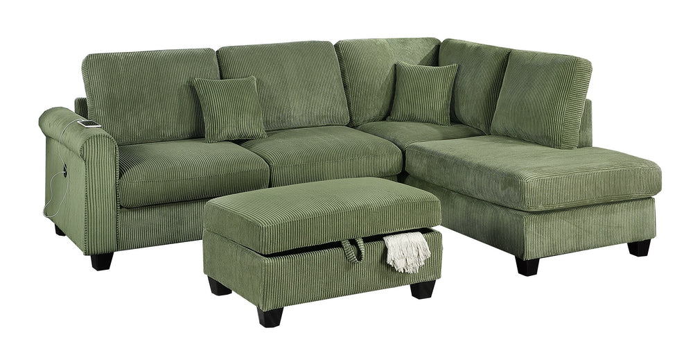 English Elm Gorgeous Sage Corduroy 3pc Sectional with USB LAF Sofa RAF Chaise & Storage Ottoman, Modern Comfort B011S01242