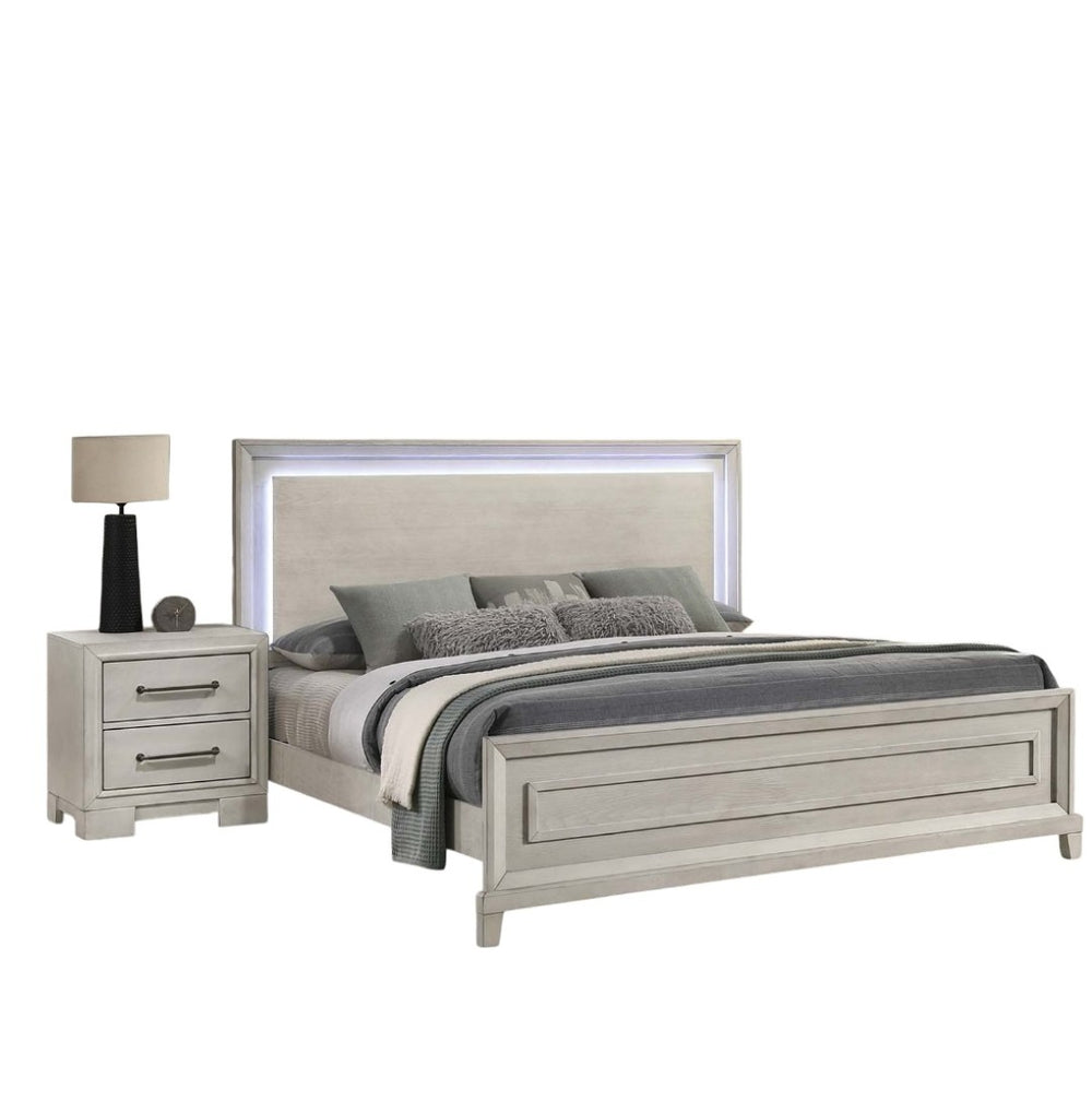 English Elm Elegant Queen Platform Bed with Led Headboard in Antique White for Bedroom B011S02074