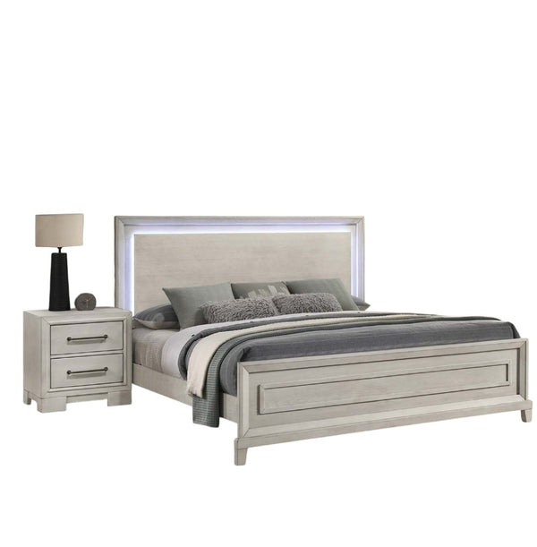 English Elm Elegant Queen Platform Bed with Led Headboard in Antique White for Bedroom B011S02074