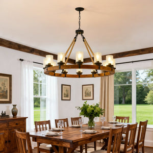 English Elm 12-light Wagon Wheel Chandelier Solid Wood Frame Seeded Glass Farmhouse Pendant W5008P390674