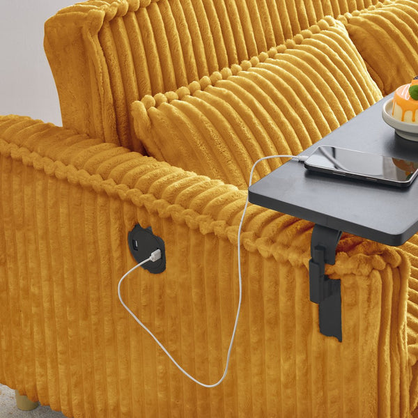 English Elm The pull-out corduroy sofa bed with convertible tabletop and USB charging ports for living room comfort Yellow W1278P248130
