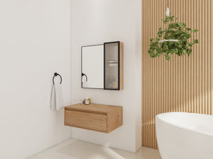 English Elm 30'' Wall Mounted Mirror Cabinet Black Aluminum Acrylic Door Floating Bathroom Storage W999S00538