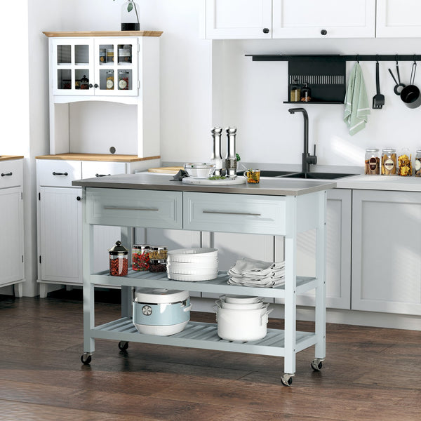 English Elm Homcom Rolling Kitchen Island With Stainless Steel Top, 2-Tier Storage, Drawers & Casters In Light Gray W2225P217369
